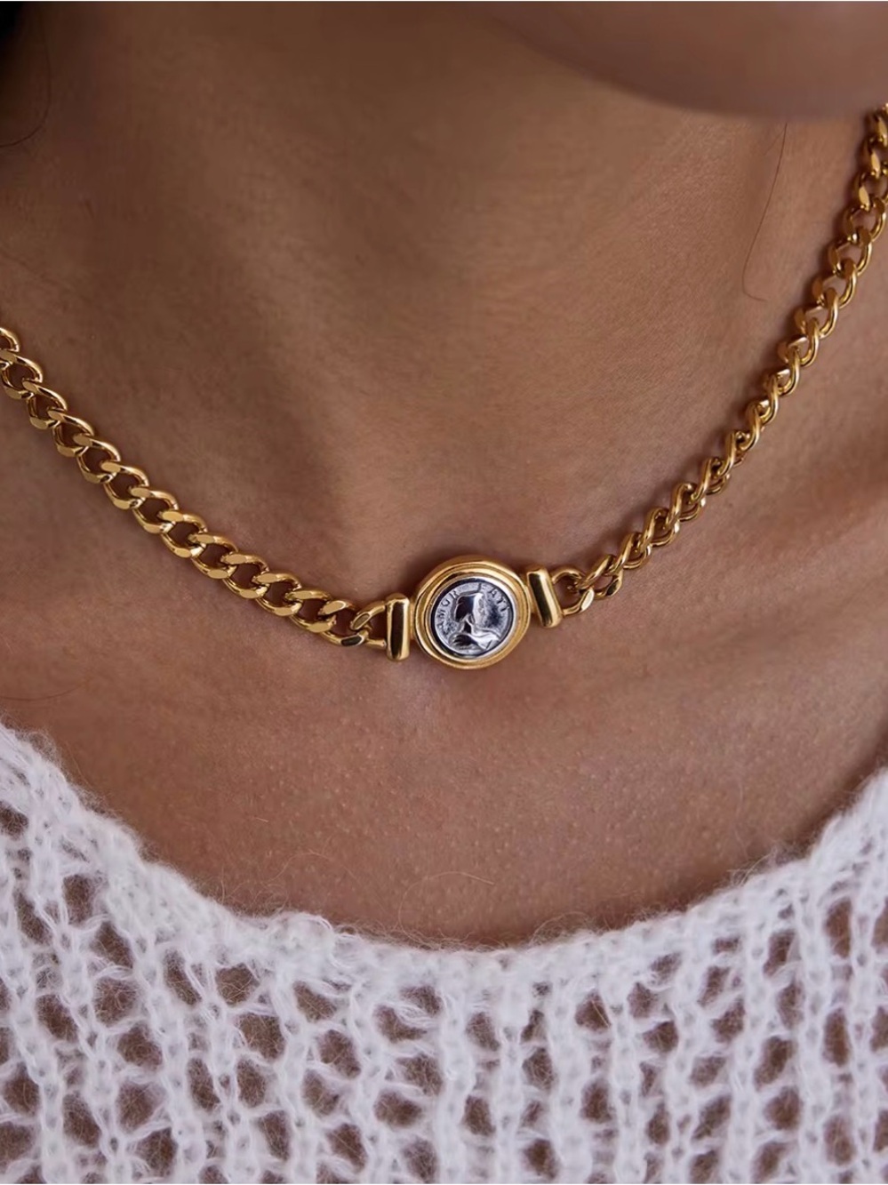 Cuban Style necklace 18K Gold Plated Coin Pendant Chain Necklace - Picture 6 of 6